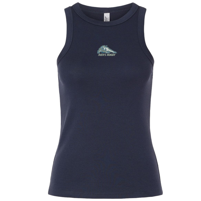 Dark navy University of New Hampshire Women’s Baby Rib Tank featuring a small “Men’s Rugby” graphic and wildcat logo on the chest.
