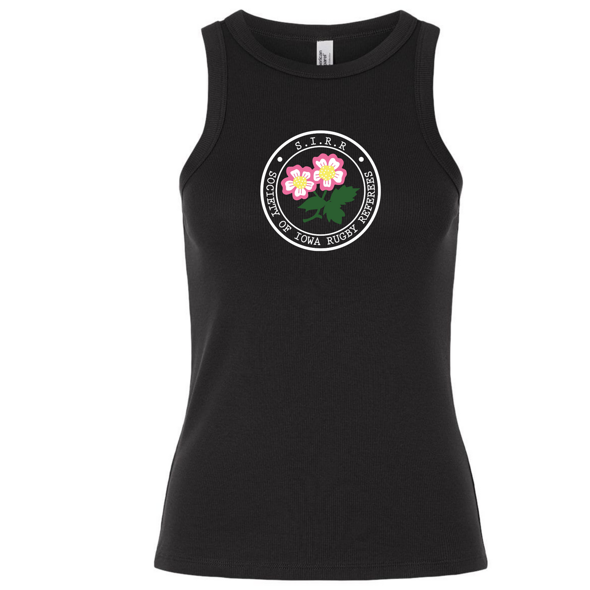 The EMB S&S Activewear Society of Iowa Rugby Referees Women’s Baby Rib Tank features a circular logo with pink and yellow flowers, green leaves, and the text “S.T.I.R.R. Society of Tenacious, Impressive, Resilient Roses of Iowa Rugby Sisters.” Made from soft baby rib fabric, this tank offers a comfortable stretch fit that’s both flattering and stylish.