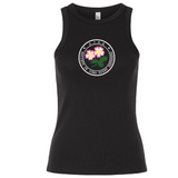 The EMB S&S Activewear Society of Iowa Rugby Referees Women’s Baby Rib Tank features a circular logo with pink and yellow flowers, green leaves, and the text “S.T.I.R.R. Society of Tenacious, Impressive, Resilient Roses of Iowa Rugby Sisters.” Made from soft baby rib fabric, this tank offers a comfortable stretch fit that’s both flattering and stylish.