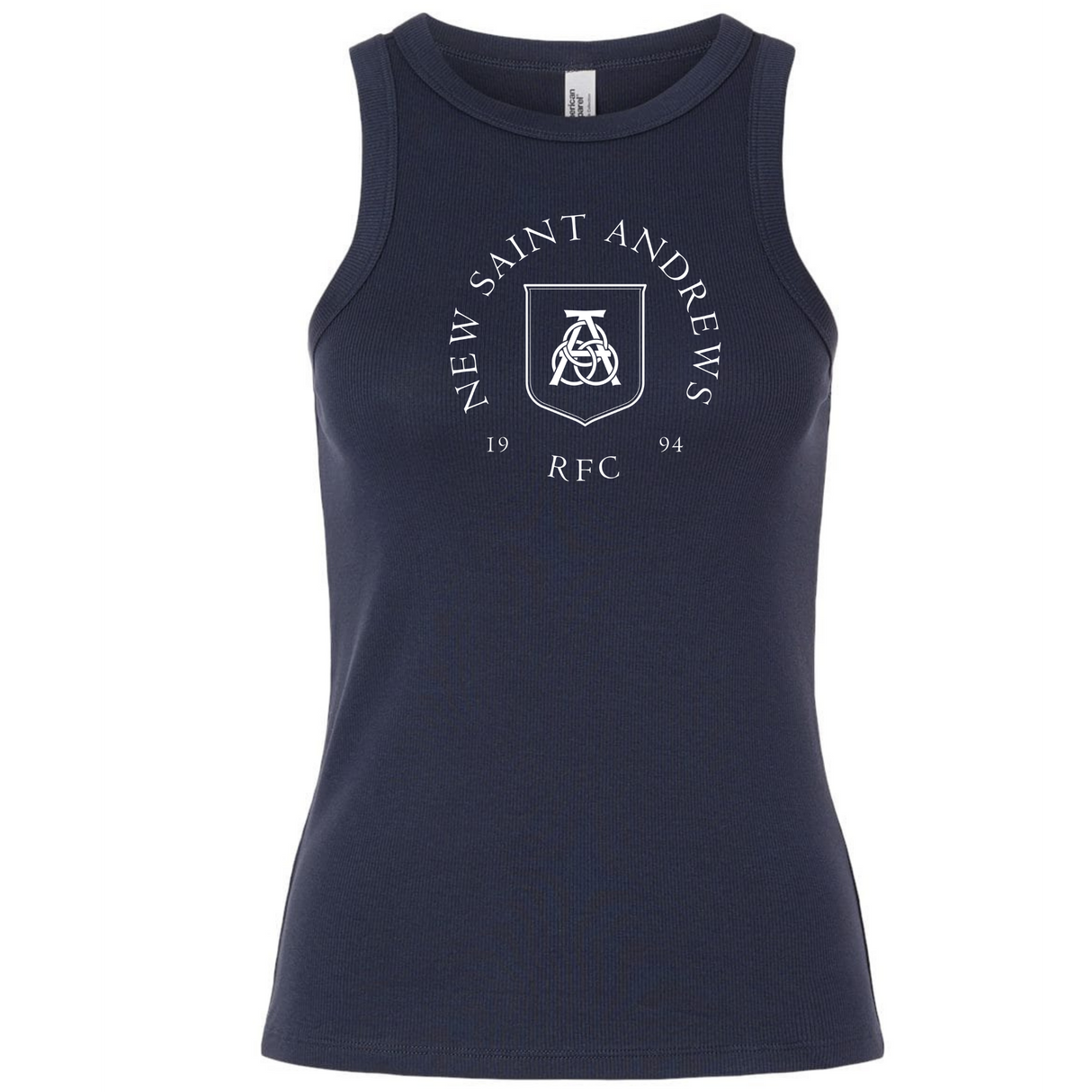 Certainly! Here’s the rewritten sentence using your product data: Navy blue women’s baby rib tank from EMB S&S Activewear featuring “New Saint Andrews RFC 1994” and a shield logo printed in white on the front.
