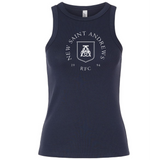 Certainly! Here’s the rewritten sentence using your product data: Navy blue women’s baby rib tank from EMB S&S Activewear featuring “New Saint Andrews RFC 1994” and a shield logo printed in white on the front.