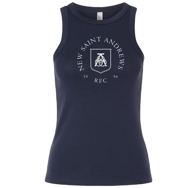 Certainly! Here’s the rewritten sentence using your product data: Navy blue women’s baby rib tank from EMB S&S Activewear featuring “New Saint Andrews RFC 1994” and a shield logo printed in white on the front.