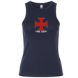 Introducing the SF CDME Rugby Women's Baby Rib Tank by EMB S&S Activewear—a navy blue stretch-fit tank featuring a red cross emblem and “COME RUGBY” printed beneath the design on the chest, seamlessly combining classic style with modern comfort.
