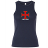 Introducing the SF CDME Rugby Women's Baby Rib Tank by EMB S&S Activewear—a navy blue stretch-fit tank featuring a red cross emblem and “COME RUGBY” printed beneath the design on the chest, seamlessly combining classic style with modern comfort.