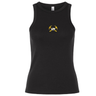 Mother Lode Women’s Baby Rib Tank in black, featuring an embroidered graphic of two crossed yellow pickaxes behind a rugby ball with the text “MOTHER LODE RUGBY.”