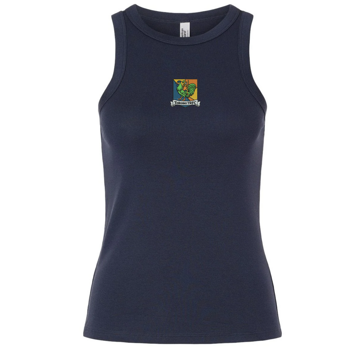 Navy blue Takoma Touch Rugby Women’s Baby Rib Tank featuring a Takoma TRFC rooster logo centered on the chest.