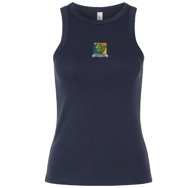 Navy blue Takoma Touch Rugby Women’s Baby Rib Tank featuring a Takoma TRFC rooster logo centered on the chest.