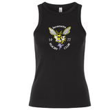 The Hornets Rugby Club 1977 Women's Baby Rib Tank by EMB S&S Activewear features a yellow hornet logo and "Hornets Rugby Club 1977" text in white, arranged in a circular design on the chest. This classic stretch-fit tank combines comfort with sporty flair for Black women.