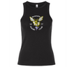 The Hornets Rugby Club 1977 Women's Baby Rib Tank by EMB S&S Activewear features a yellow hornet logo and "Hornets Rugby Club 1977" text in white, arranged in a circular design on the chest. This classic stretch-fit tank combines comfort with sporty flair for Black women.