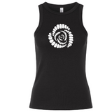 The Missoula All-Maggots Women’s Baby Rib Tank by EMB S&S Activewear features a black sleeveless, stretch-fit design with a white spiral seashell graphic centered on the chest, blending classic style and comfort in a flattering women’s baby rib tank.