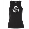 The Missoula All-Maggots Women’s Baby Rib Tank by EMB S&S Activewear features a black sleeveless, stretch-fit design with a white spiral seashell graphic centered on the chest, blending classic style and comfort in a flattering women’s baby rib tank.