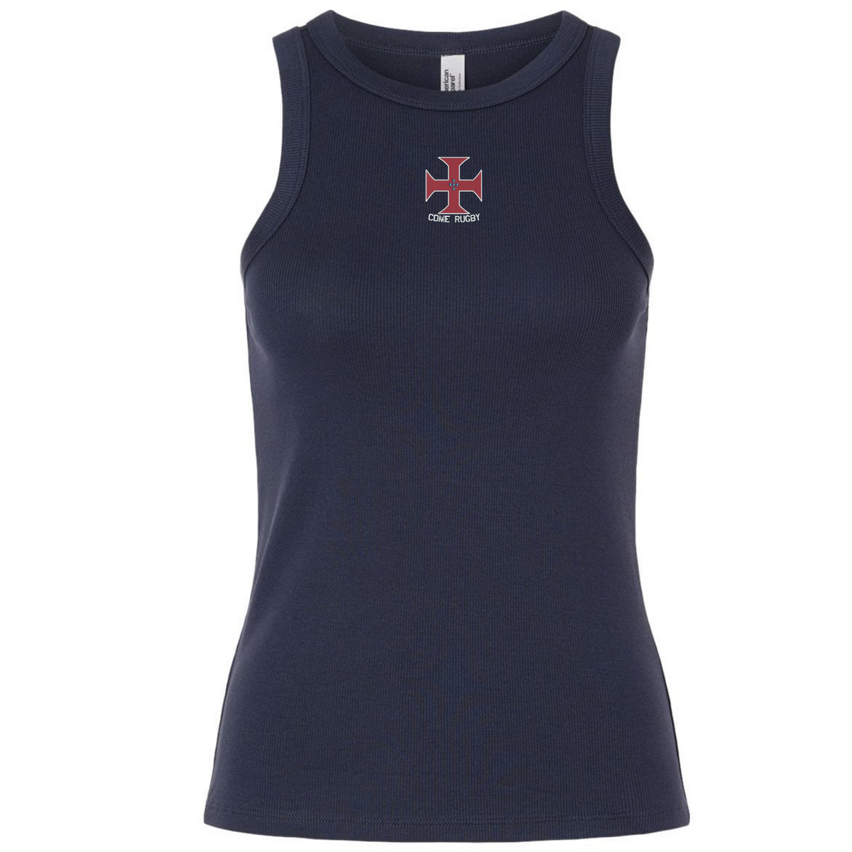 Sure! Here’s a rewritten sentence using your provided product data: The EMB S&S Activewear SF CDME Rugby Women’s Baby Rib Tank is a classic navy blue, sleeveless top designed with a comfortable stretch-fit. It features a small red and white cross-like emblem centered on the chest, with “CODE READY” displayed beneath it.