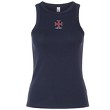 Sure! Here’s a rewritten sentence using your provided product data: The EMB S&S Activewear SF CDME Rugby Women’s Baby Rib Tank is a classic navy blue, sleeveless top designed with a comfortable stretch-fit. It features a small red and white cross-like emblem centered on the chest, with “CODE READY” displayed beneath it.