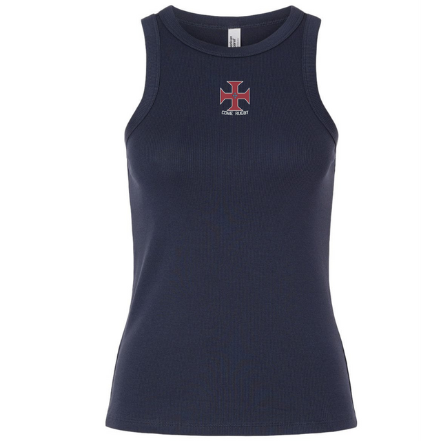 Sure! Here’s a rewritten sentence using your provided product data: The EMB S&S Activewear SF CDME Rugby Women’s Baby Rib Tank is a classic navy blue, sleeveless top designed with a comfortable stretch-fit. It features a small red and white cross-like emblem centered on the chest, with “CODE READY” displayed beneath it.