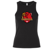 Black sleeveless stretch-fit baby rib tank top from EMB S&S Activewear, featuring a red and yellow Godzilla-themed rugby football club logo with the text “Godzilla Rugby Football Club.” Enjoy classic style with added comfort for any fan.