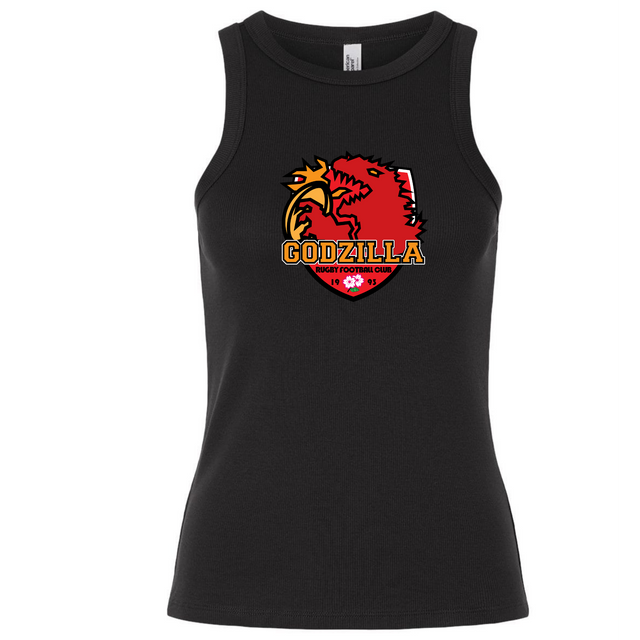 Black sleeveless stretch-fit baby rib tank top from EMB S&S Activewear, featuring a red and yellow Godzilla-themed rugby football club logo with the text “Godzilla Rugby Football Club.” Enjoy classic style with added comfort for any fan.