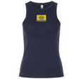 Navy blue stretch-fit Berkeley RFC Women’s Baby Rib Tank with a rectangular yellow chest patch featuring a bear icon and the text “BERKELEY RFC est. 2004.”