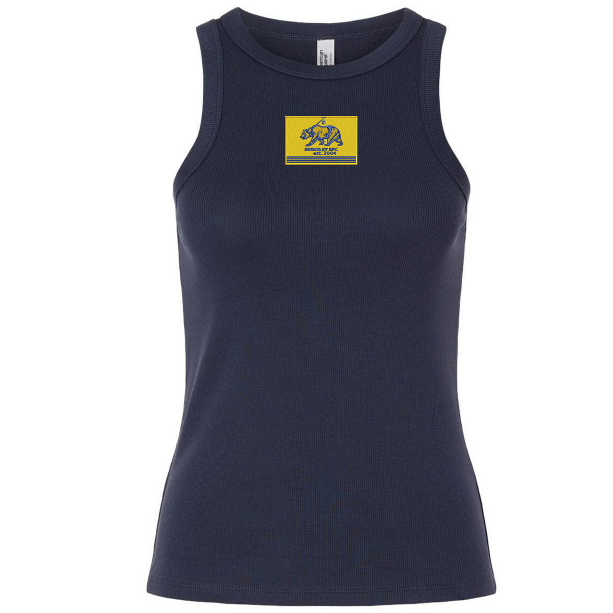 Navy blue stretch-fit Berkeley RFC Women’s Baby Rib Tank with a rectangular yellow chest patch featuring a bear icon and the text “BERKELEY RFC est. 2004.”