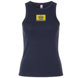 Navy blue stretch-fit Berkeley RFC Women’s Baby Rib Tank with a rectangular yellow chest patch featuring a bear icon and the text “BERKELEY RFC est. 2004.”