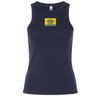 Navy blue stretch-fit Berkeley RFC Women’s Baby Rib Tank with a rectangular yellow chest patch featuring a bear icon and the text “BERKELEY RFC est. 2004.”