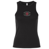 The EMB S&S Activewear Santa Rosa Youth Rugby Women’s Baby Rib Tank features a classic black stretch-fit design with “Santa Rosa Youth Rugby” and a red rose graphic printed on the chest.