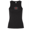 The EMB S&S Activewear Santa Rosa Youth Rugby Women’s Baby Rib Tank features a classic black stretch-fit design with “Santa Rosa Youth Rugby” and a red rose graphic printed on the chest.