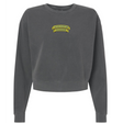 The EMB S&S Activewear Winchester Cannons Women’s Garment-Dyed Mid-Length Crewneck Sweatshirt is a dark gray, long-sleeved fleece crafted for cozy comfort, featuring a small yellow “Winchester Cannons” logo on the upper left chest.