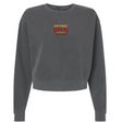 Charcoal gray women’s garment-dyed mid-length crewneck sweatshirt from EMB S&S Activewear, featuring “Potomac Exiles Rugby” in yellow and red text centered on the chest.