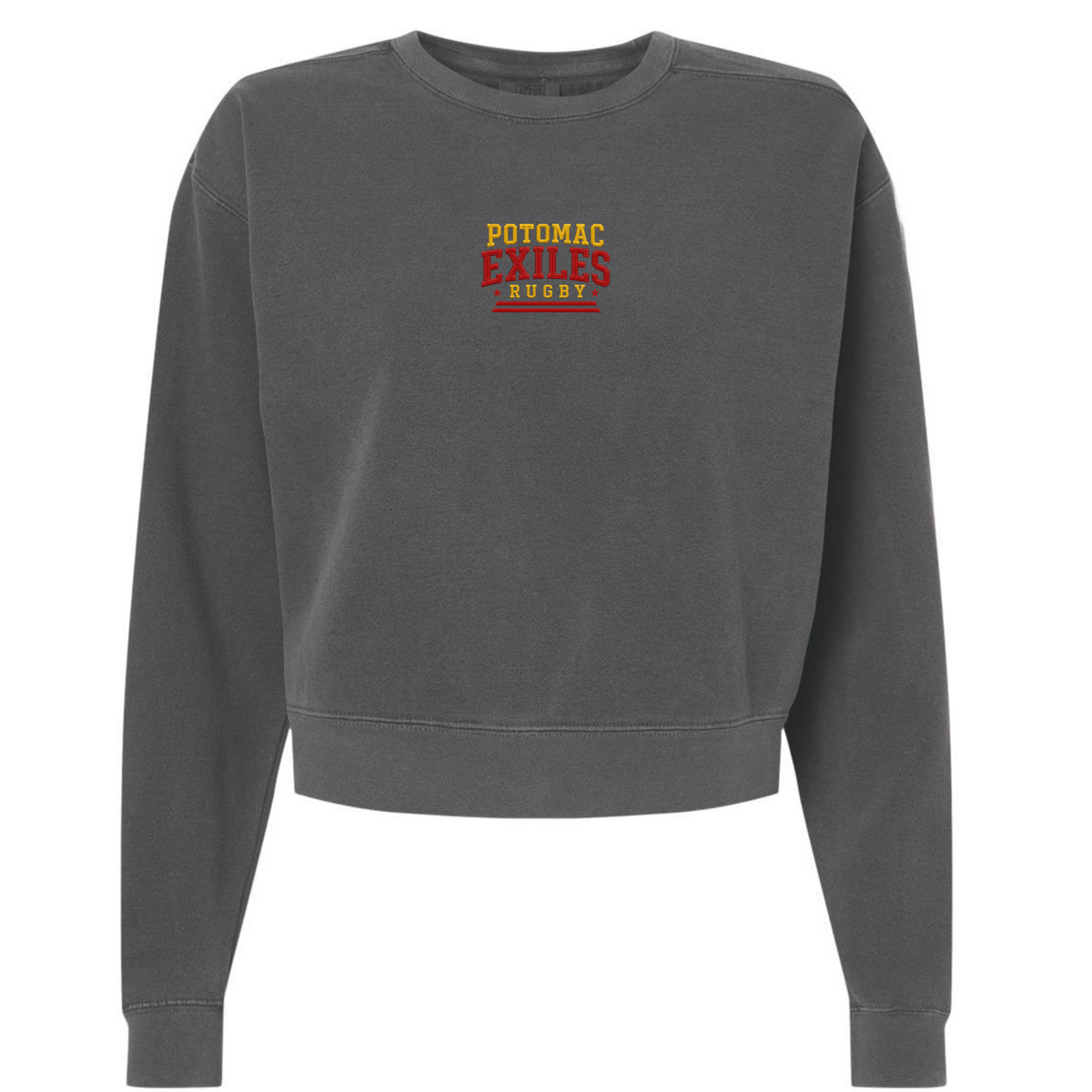 Charcoal gray women’s garment-dyed mid-length crewneck sweatshirt from EMB S&S Activewear, featuring “Potomac Exiles Rugby” in yellow and red text centered on the chest.