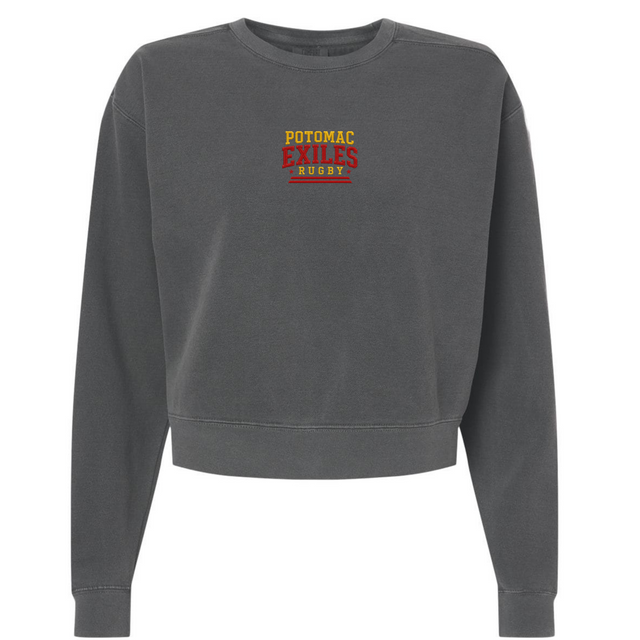 Charcoal gray women’s garment-dyed mid-length crewneck sweatshirt from EMB S&S Activewear, featuring “Potomac Exiles Rugby” in yellow and red text centered on the chest.