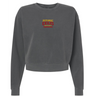 Charcoal gray women’s garment-dyed mid-length crewneck sweatshirt from EMB S&S Activewear, featuring “Potomac Exiles Rugby” in yellow and red text centered on the chest.