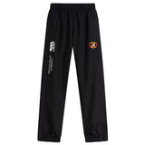 Black Potomac Exiles Cuffed Hem Stadium Pants by EMB Canterbury, featuring an elastic waistband and cuffed hem. These pants showcase white "Canterbury of New Zealand" text and logo on the left leg, with a multicolored emblem on the right leg. Ideal for the rugby pitch, they offer both style and functionality.