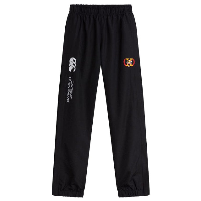 Black Potomac Exiles Cuffed Hem Stadium Pants by EMB Canterbury, featuring an elastic waistband and cuffed hem. These pants showcase white "Canterbury of New Zealand" text and logo on the left leg, with a multicolored emblem on the right leg. Ideal for the rugby pitch, they offer both style and functionality.