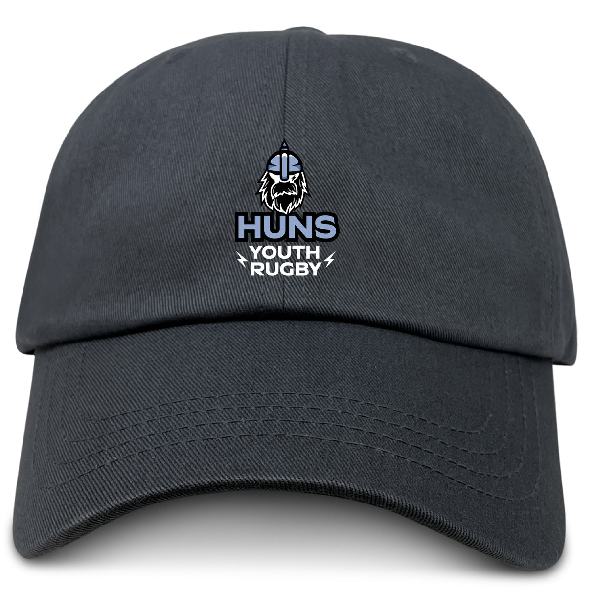 The Austin Huns Youth Rugby Adult Low-Profile Cotton Twill Dad Cap by EMB S&S Activewear is a black cotton twill dad hat featuring embroidered team branding, including the Huns Youth Rugby logo with Viking head and text on the front.