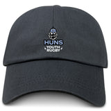 The Austin Huns Youth Rugby Adult Low-Profile Cotton Twill Dad Cap by EMB S&S Activewear is a black cotton twill dad hat featuring embroidered team branding, including the Huns Youth Rugby logo with Viking head and text on the front.