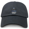 The Austin Huns Youth Rugby Adult Low-Profile Cotton Twill Dad Cap by EMB S&S Activewear is a black cotton twill dad hat featuring embroidered team branding, including the Huns Youth Rugby logo with Viking head and text on the front.