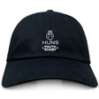 The EMB S&S Activewear Austin Huns Youth Rugby Adult Low-Profile Cotton Twill Dad Cap is black with a Viking head logo and "Huns Youth Rugby" embroidered on the front.
