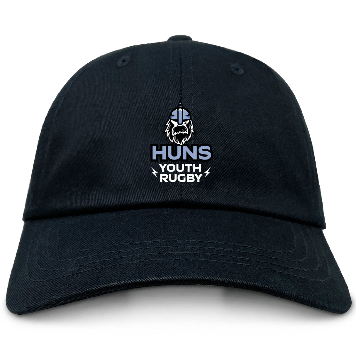 The EMB S&S Activewear Austin Huns Youth Rugby Adult Low-Profile Cotton Twill Dad Cap is black with a Viking head logo and "Huns Youth Rugby" embroidered on the front.