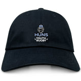 The EMB S&S Activewear Austin Huns Youth Rugby Adult Low-Profile Cotton Twill Dad Cap is black with a Viking head logo and "Huns Youth Rugby" embroidered on the front.