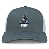 The Austin Huns Youth Rugby Retro Trucker Cap by EMB S&S Activewear features a gray and white design, an embroidered Viking head logo with "Huns Youth Rugby" on the front, and a snapback closure for adjustable fit.