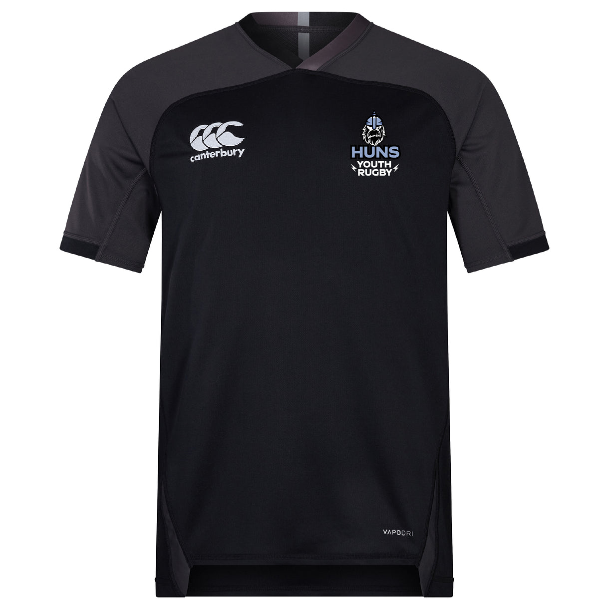 The Austin Huns Youth Rugby Vapodri Evader Jersey by EMB Canterbury is a black, moisture-wicking jersey with grey shoulders, featuring the Canterbury logo and Huns Youth Rugby crest on the chest.