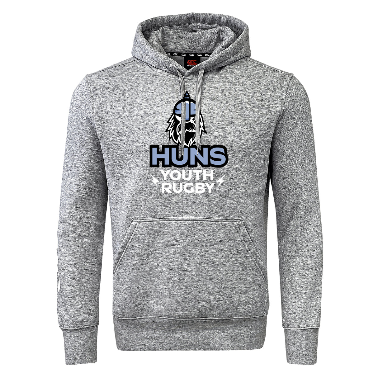 The Austin Huns Youth Rugby Club Hoodie by WRS Canterbury features "Huns Youth Rugby" and a wolf logo on the front, with a hood, drawstrings, and a front pocket for comfort and style.