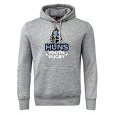 The Austin Huns Youth Rugby Club Hoodie by WRS Canterbury features "Huns Youth Rugby" and a wolf logo on the front, with a hood, drawstrings, and a front pocket for comfort and style.