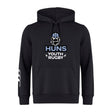 The Austin Huns Youth Rugby Club Hoodie by WRS Canterbury features a Viking helmet and beard graphic above "Huns Youth Rugby" on the front and white sleeve design—a bold choice for any team.