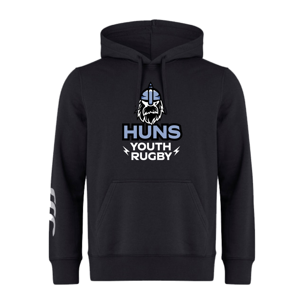 The Austin Huns Youth Rugby Club Hoodie by WRS Canterbury features a Viking helmet and beard graphic above "Huns Youth Rugby" on the front and white sleeve design—a bold choice for any team.