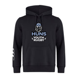 The Austin Huns Youth Rugby Club Hoodie by WRS Canterbury features a Viking helmet and beard graphic above "Huns Youth Rugby" on the front and white sleeve design—a bold choice for any team.