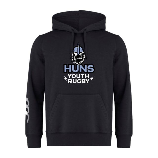 The Austin Huns Youth Rugby Club Hoodie by WRS Canterbury features a Viking helmet and beard graphic above "Huns Youth Rugby" on the front and white sleeve design—a bold choice for any team.