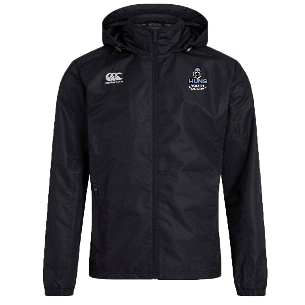 The Austin Huns Youth Rugby Club Vaposhield Full Zip Rain Jacket by EMB Canterbury features club and Canterbury chest logos, VapoShield water resistance, a black zip-up hooded design, and is shown on a white background.