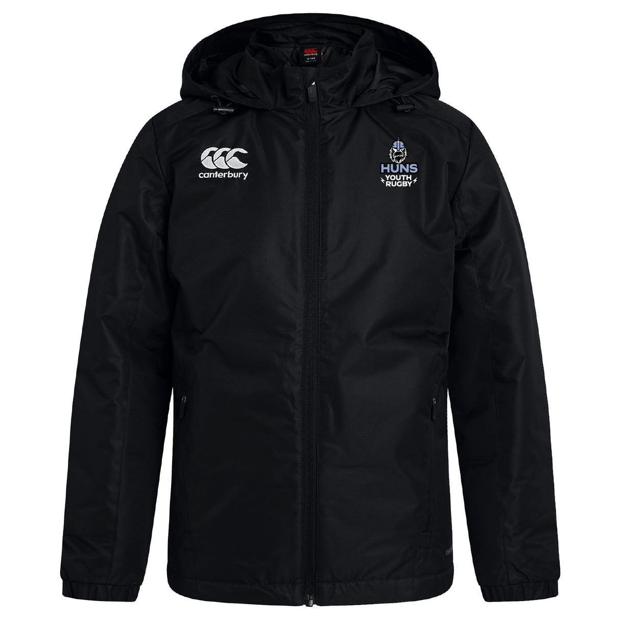 The Austin Huns Youth Rugby Club Vaposhield Stadium Jacket by EMB Canterbury features padded insulation, a black hood, the Canterbury logo on the right chest, and "Huns Youth Rugby" on the left, shown on a plain white background.