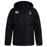 The Austin Huns Youth Rugby Club Vaposhield Stadium Jacket by EMB Canterbury features padded insulation, a black hood, the Canterbury logo on the right chest, and "Huns Youth Rugby" on the left, shown on a plain white background.